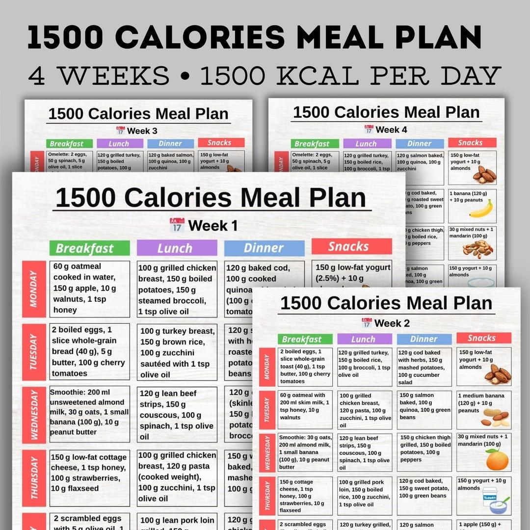 1500 Calories Meal Plan 1500 Calories Diet Plan Food Chart 4 Week Printable PDF Low Calorie Meal Plan And Grocery List 7 Day Meal Prep Etsy
