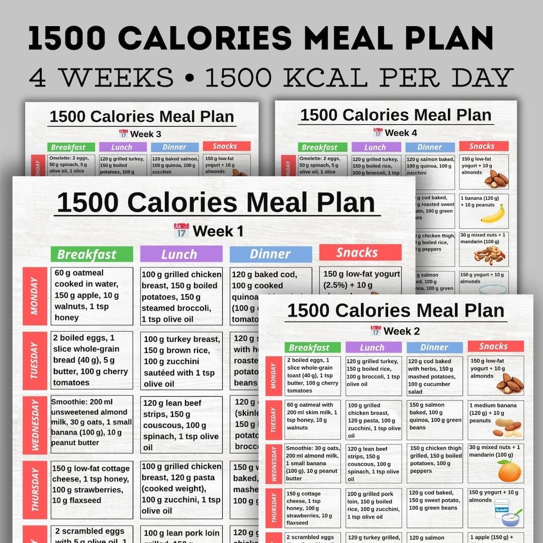 1500 Calories Meal Plan 1500 Calories Diet Plan Food Chart 4 Week Printable PDF Low Calorie Meal Plan And Grocery List 7 Day Meal Prep Etsy