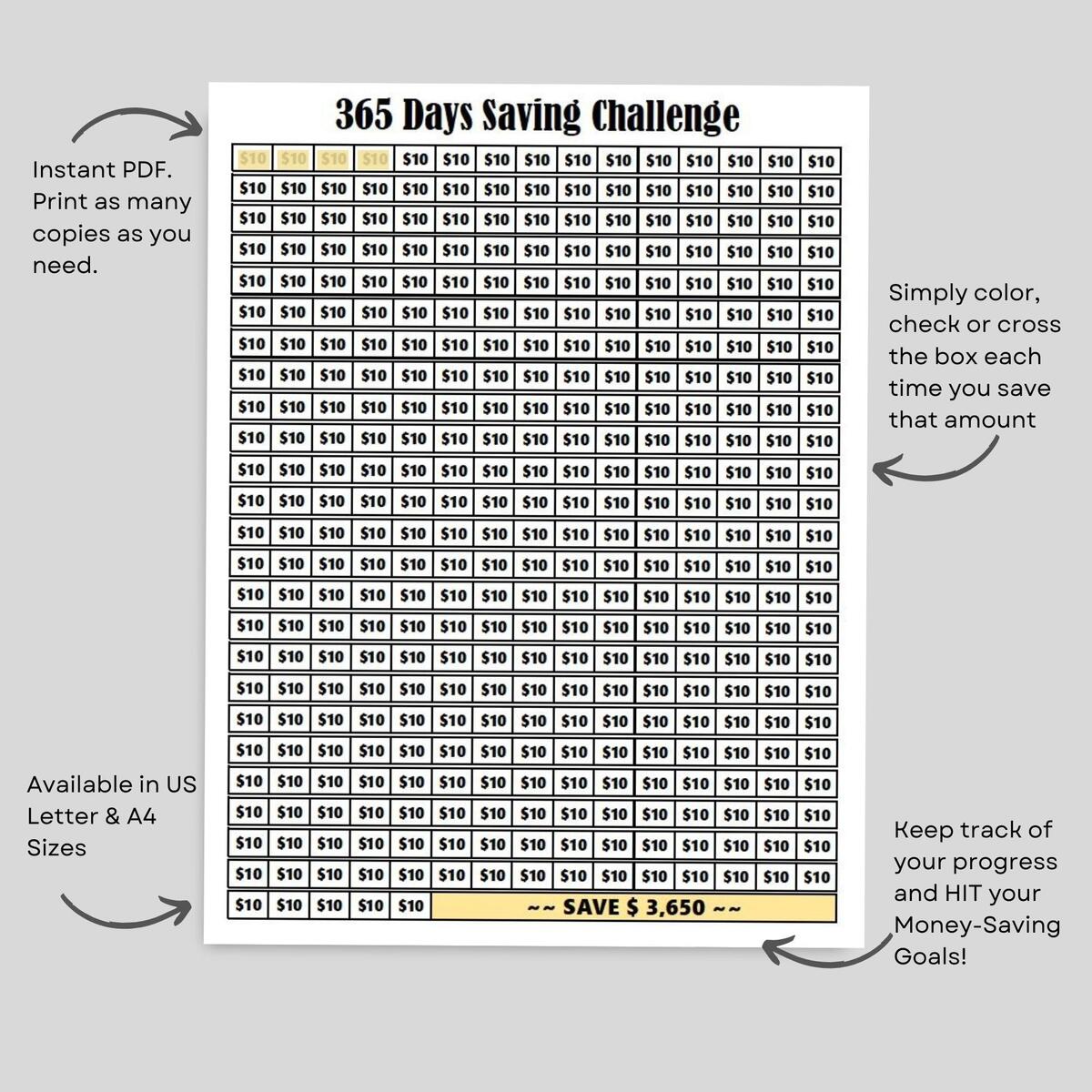 365 Days Savings Challenge 10 Dollars Daily Saving Challenge Printable Savings Tracker 1 Year Money Saving 365 Days Save Money Challenge Etsy