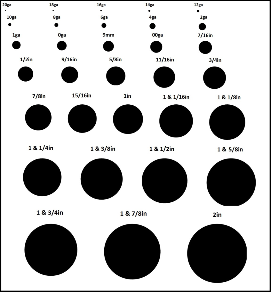 Actual Ear Plug Gauge Size Chart Printable Ear Gauge Chart Actual Ear Spacer Sizes Gauge Sizing