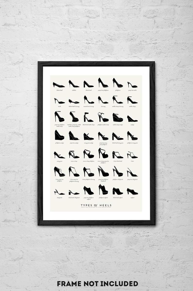 Amazon Generic Types Of Heels Art Print Women S Shoe Chart Poster Fashion Wall Art Decor Unframed 10 X 14 Black Cream Posters Prints Amazon Converse Baby Hat Foot Amazon Shoe Size Chart To Measure Foot Size 10 In Mm