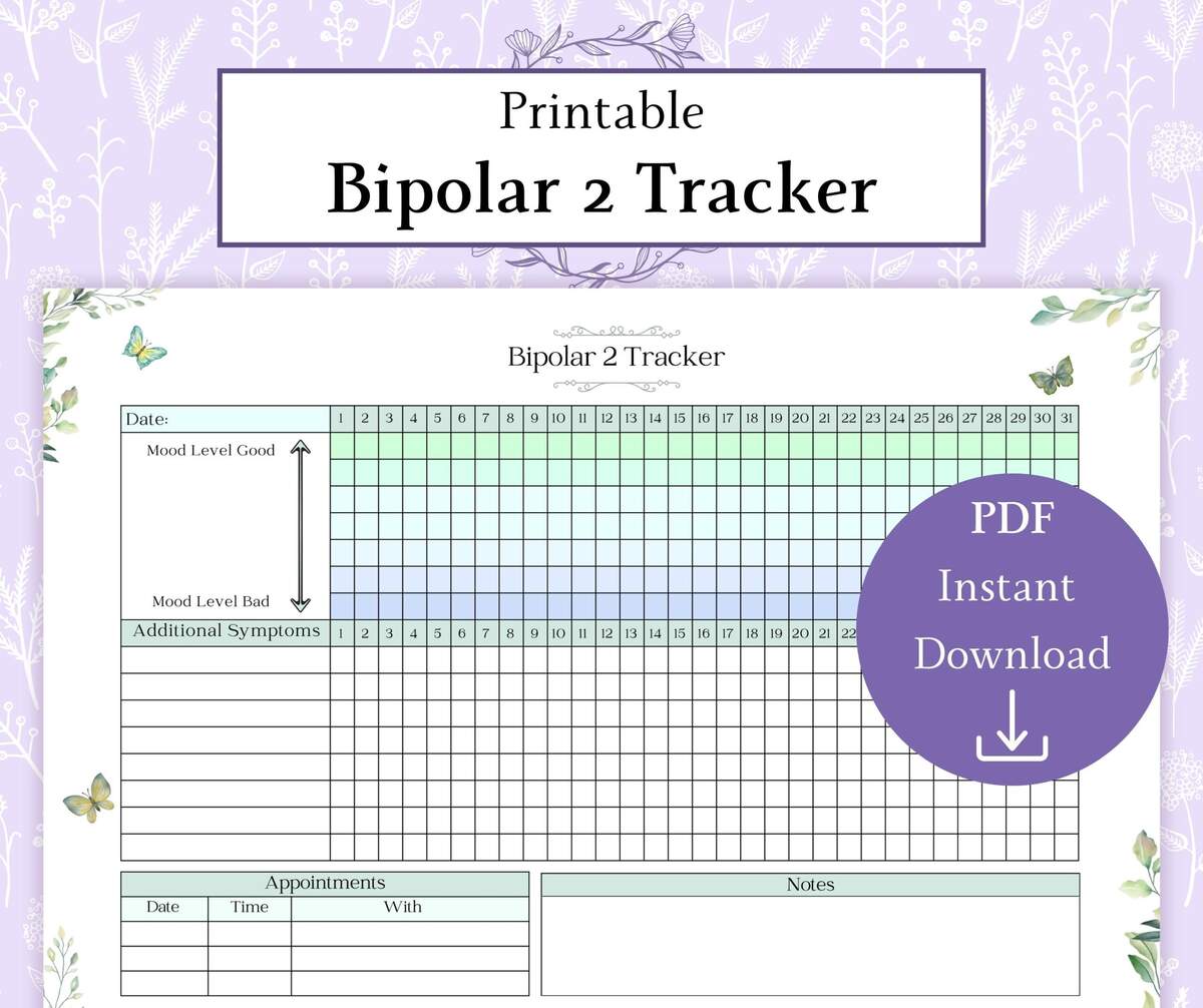Bipolar 2 Tracker Printable PDF Symptom Tracker Mood Tracker Bipolar Disorder Wellness Journal Mood Log Etsy