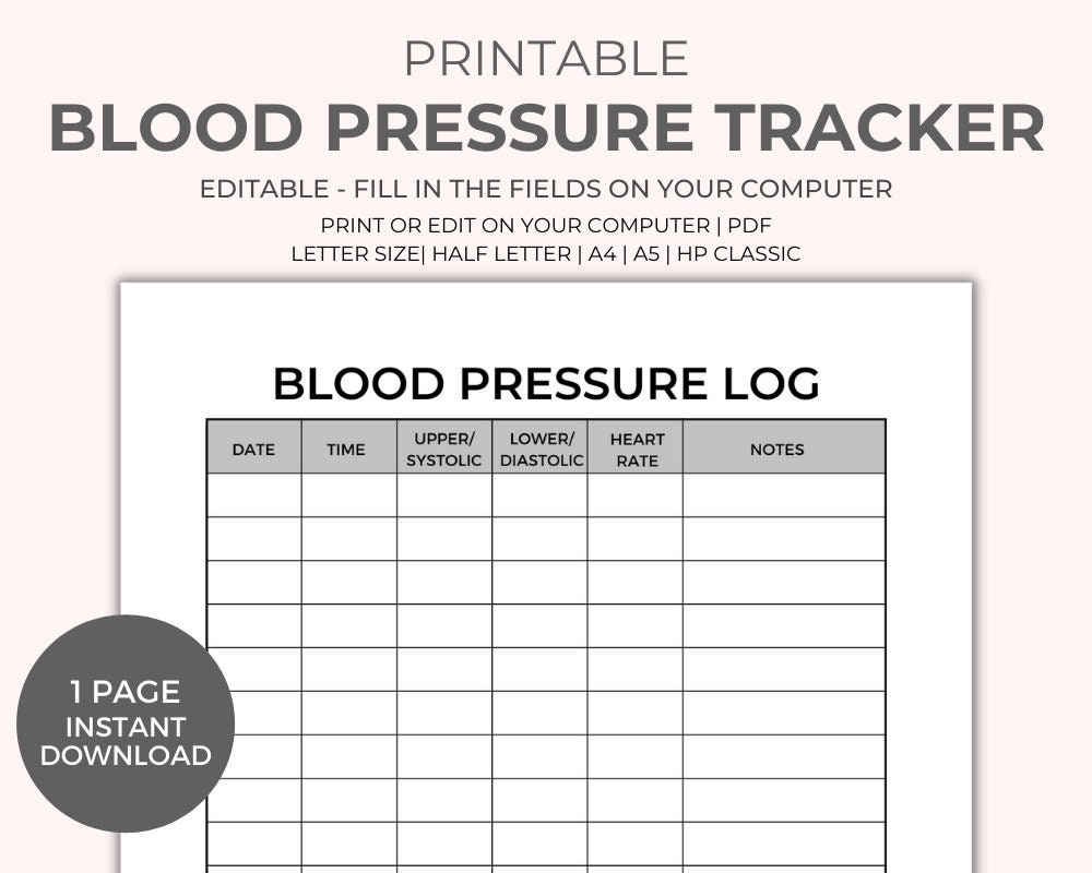 Blood Pressure Log Blood Pressure Tracker Blood Pressure Chart Health And Wellness Etsy