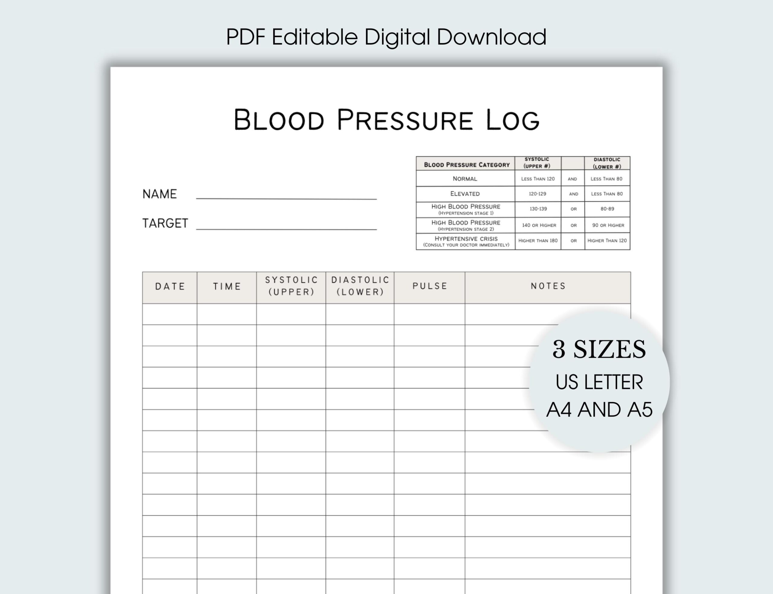 Blood Pressure Log Printable And Editable PDF Daily Blood Pressure Chart Blood Pressure Tracker Etsy