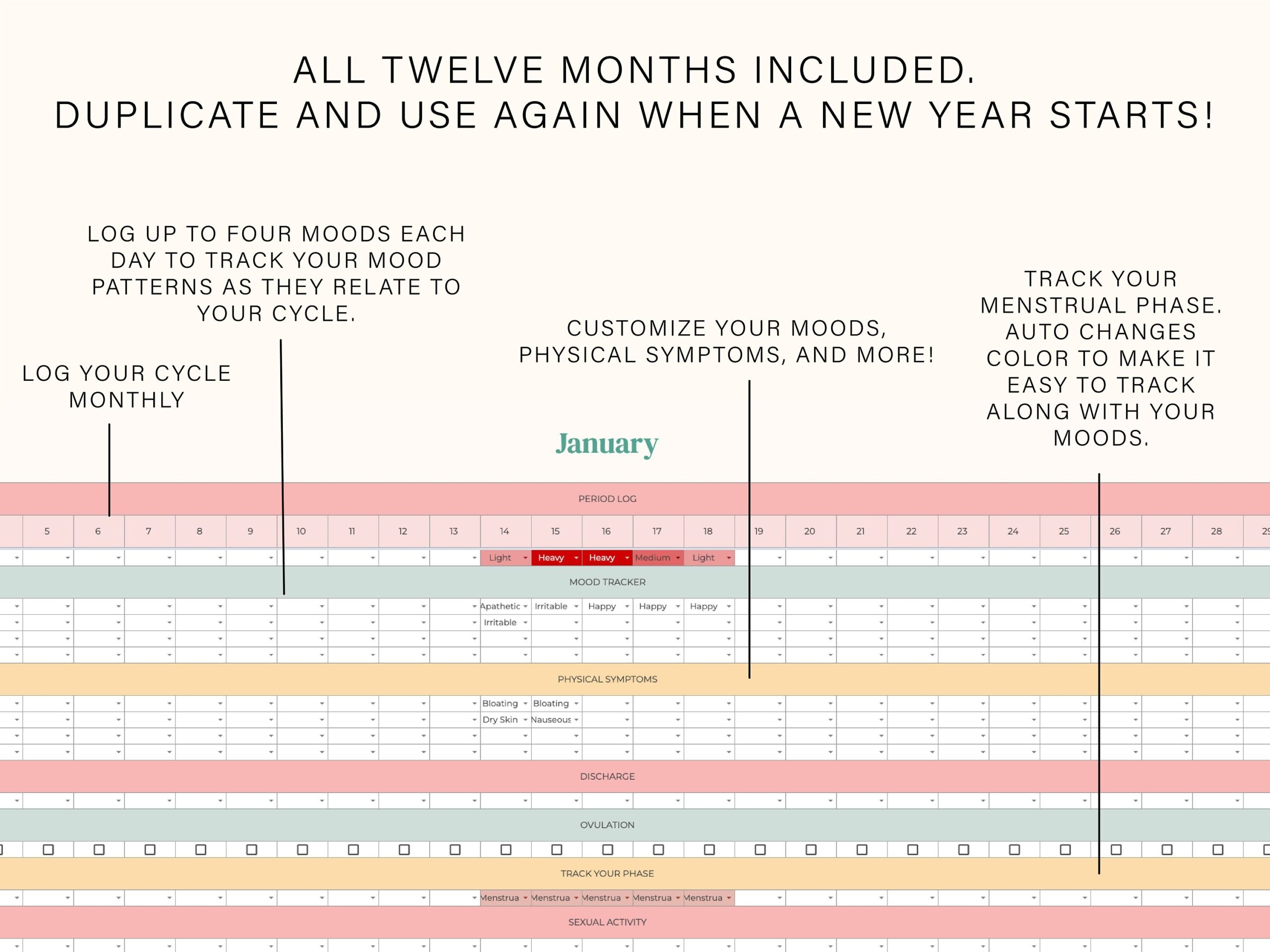 Digital Period Tracker Menstrual Cycle Tracking Google Sheets Spreadsheet Period Tracking Planner Etsy