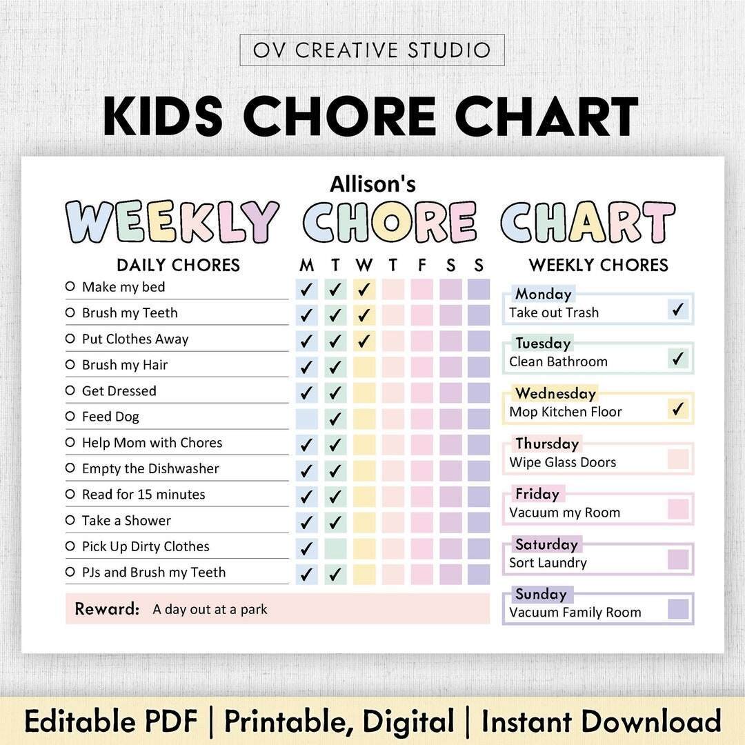 Editable Chore Chart For Kids Printable Kids Daily Weekly Responsibility Chart Kids Chore List Kids Daily Routine Checklist PDF Etsy Denmark