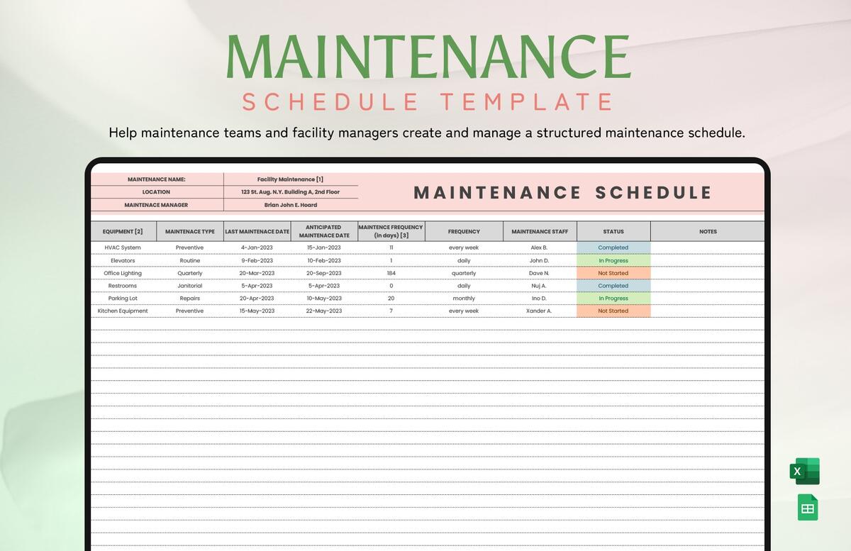 Editable Maintenance Schedule Templates In Excel To Download