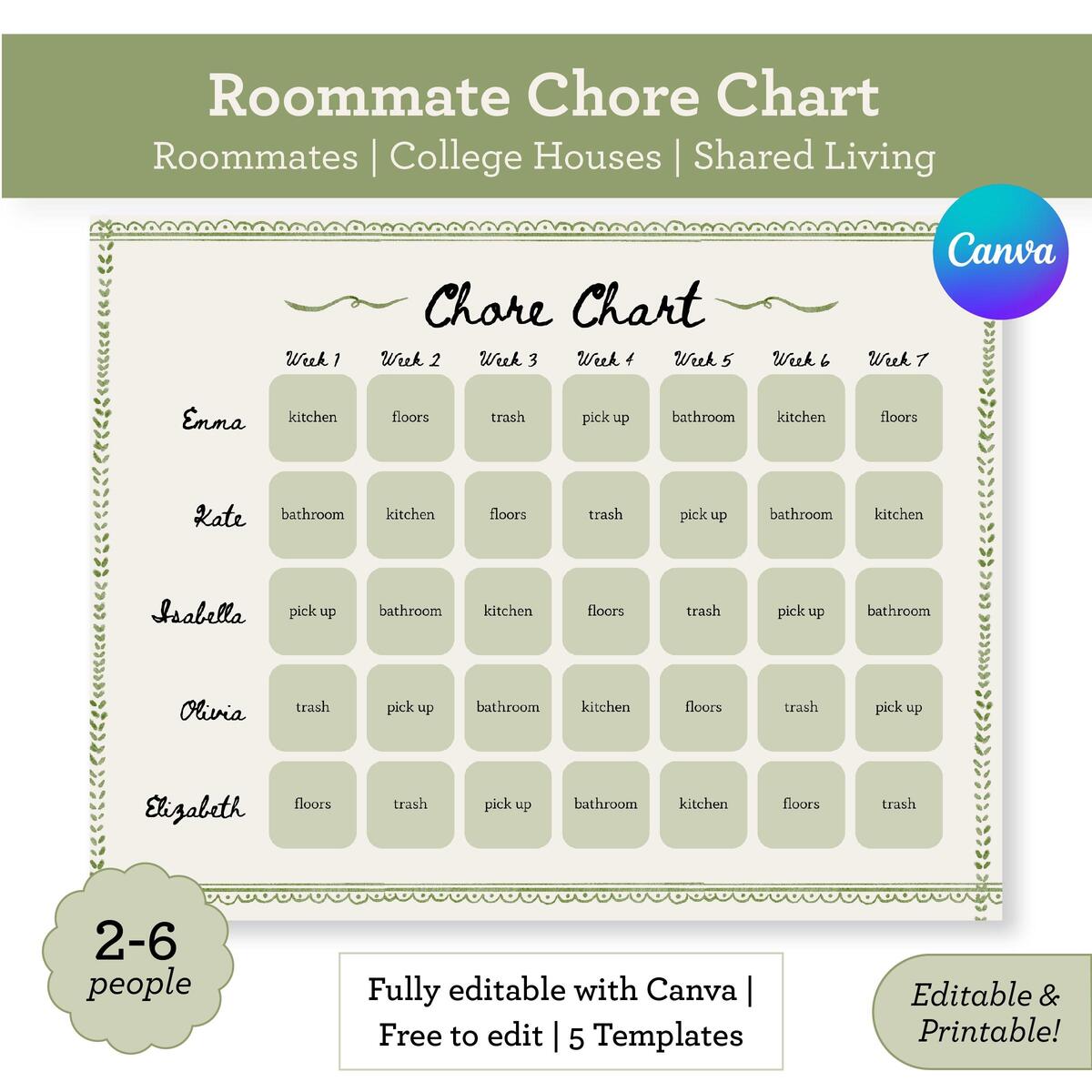 Editable Roommate Chore Chart College Apartment Cleaning Schedule Canva Template PDF Printable Etsy