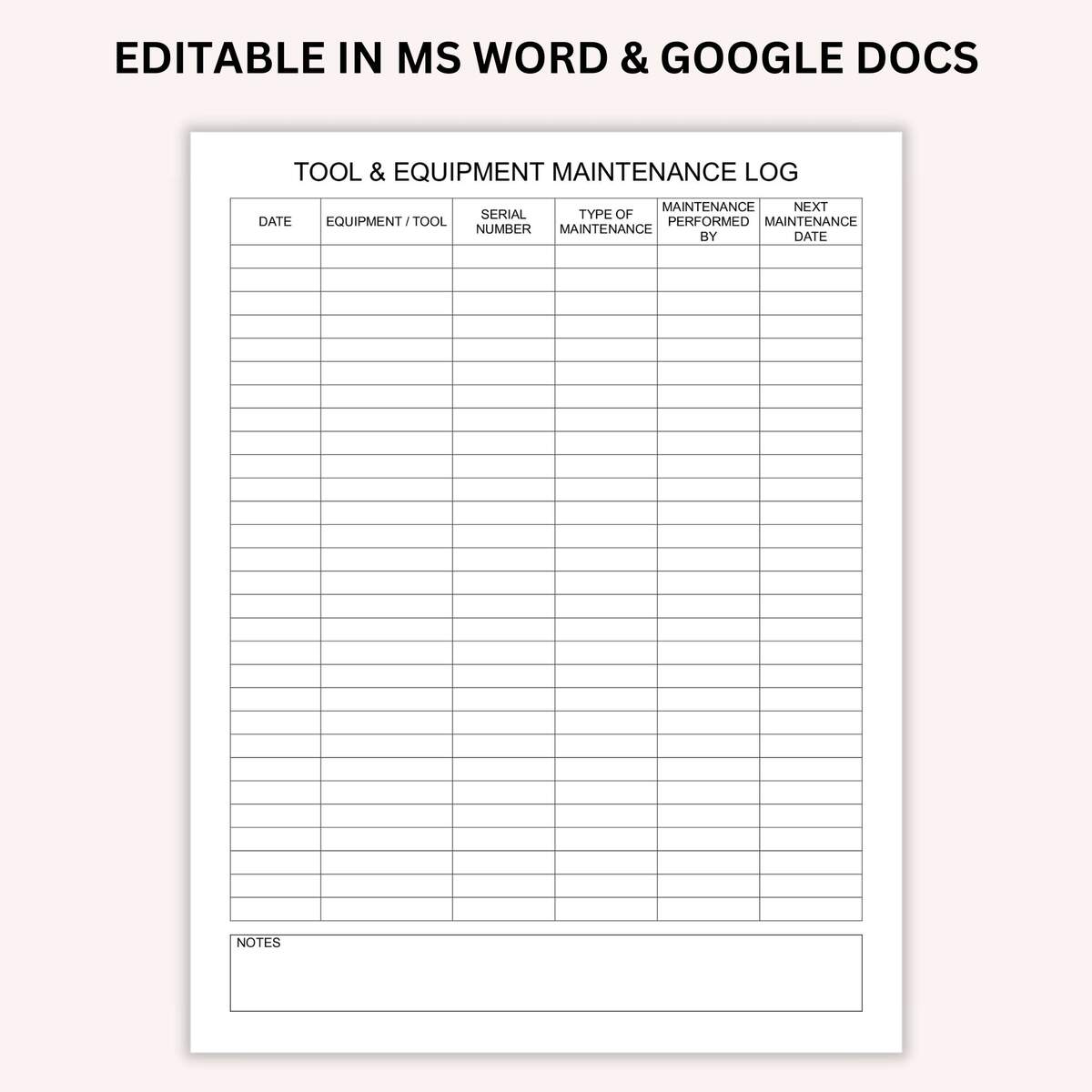 Editable Tool Equipment Maintenance Log Printable Equipment Repair Log Service Log Mechanical Tool Log Word Gdocs PDF A4 Letter Etsy
