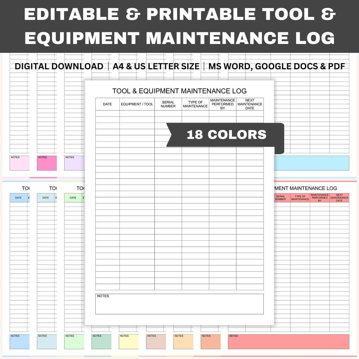 Editable Tool Equipment Maintenance Log Printable Equipment Repair Log Service Log Mechanical Tool Log Word Gdocs PDF A4 Letter Etsy
