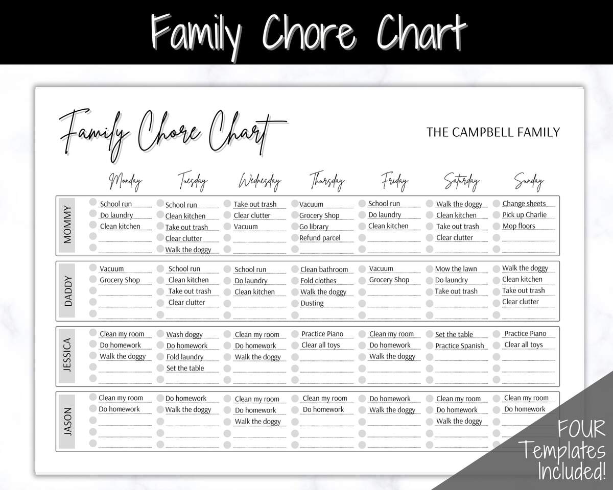 Printable Editable Weekly Family Chore Chart Family Planner Weekly Household Calendar Family Routine Chart Kids Chore 612MD Etsy