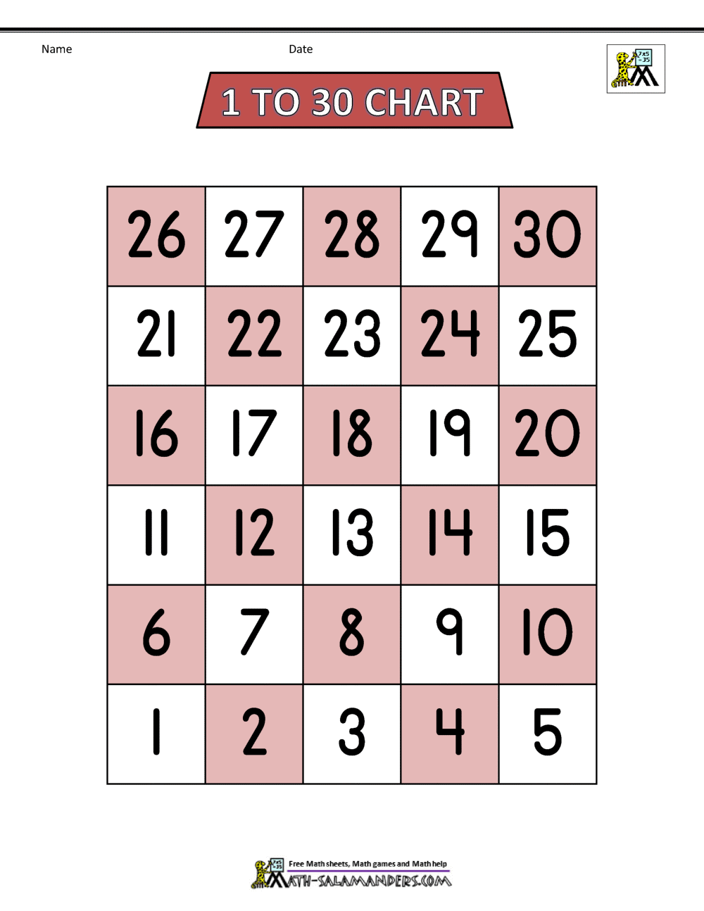 Free Number Chart 1 30 Number Chart 1 30 Printable