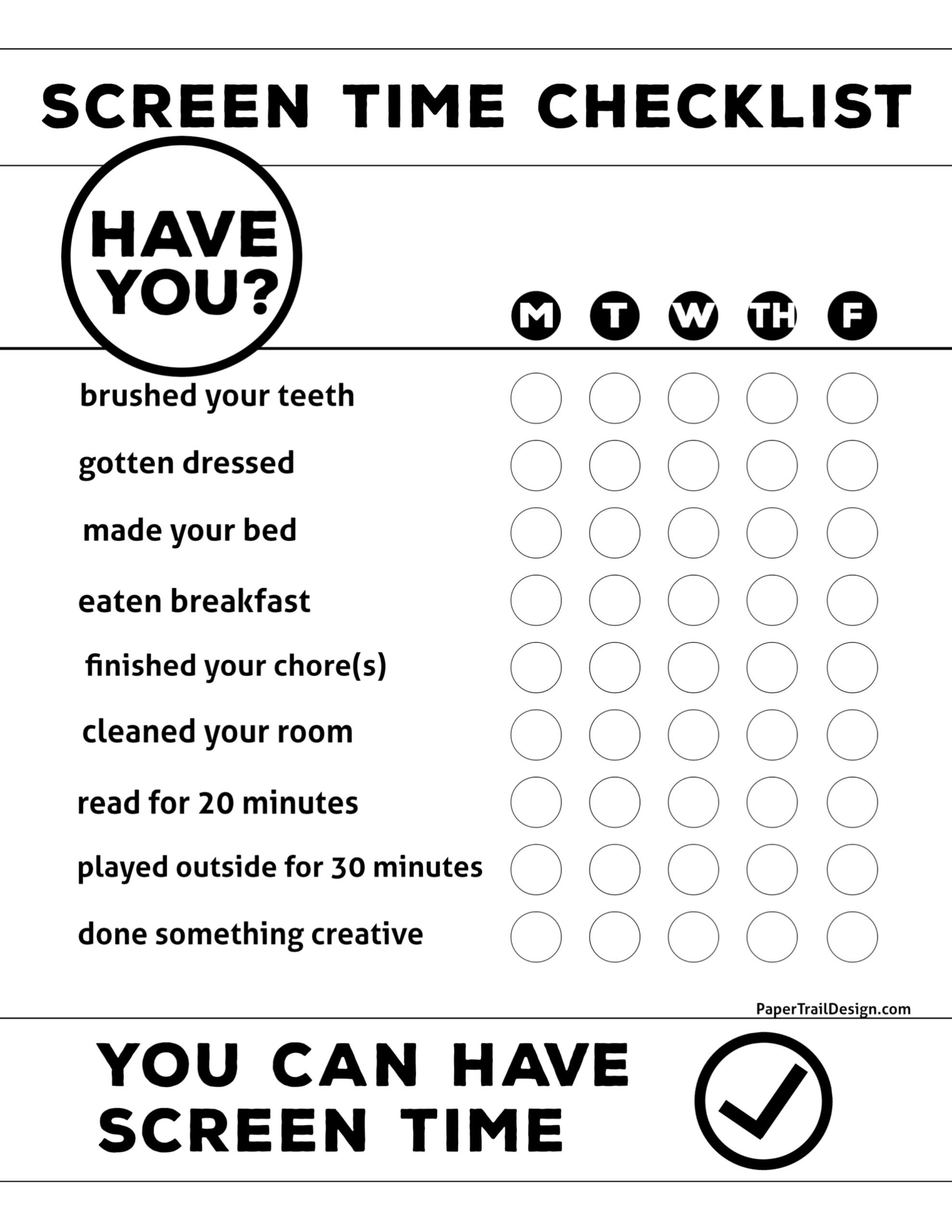 Free Printable Kids Screen Time Checklist Paper Trail Design Free Printable Screen Time Checklist Bundle For Kids The Incremental Mama