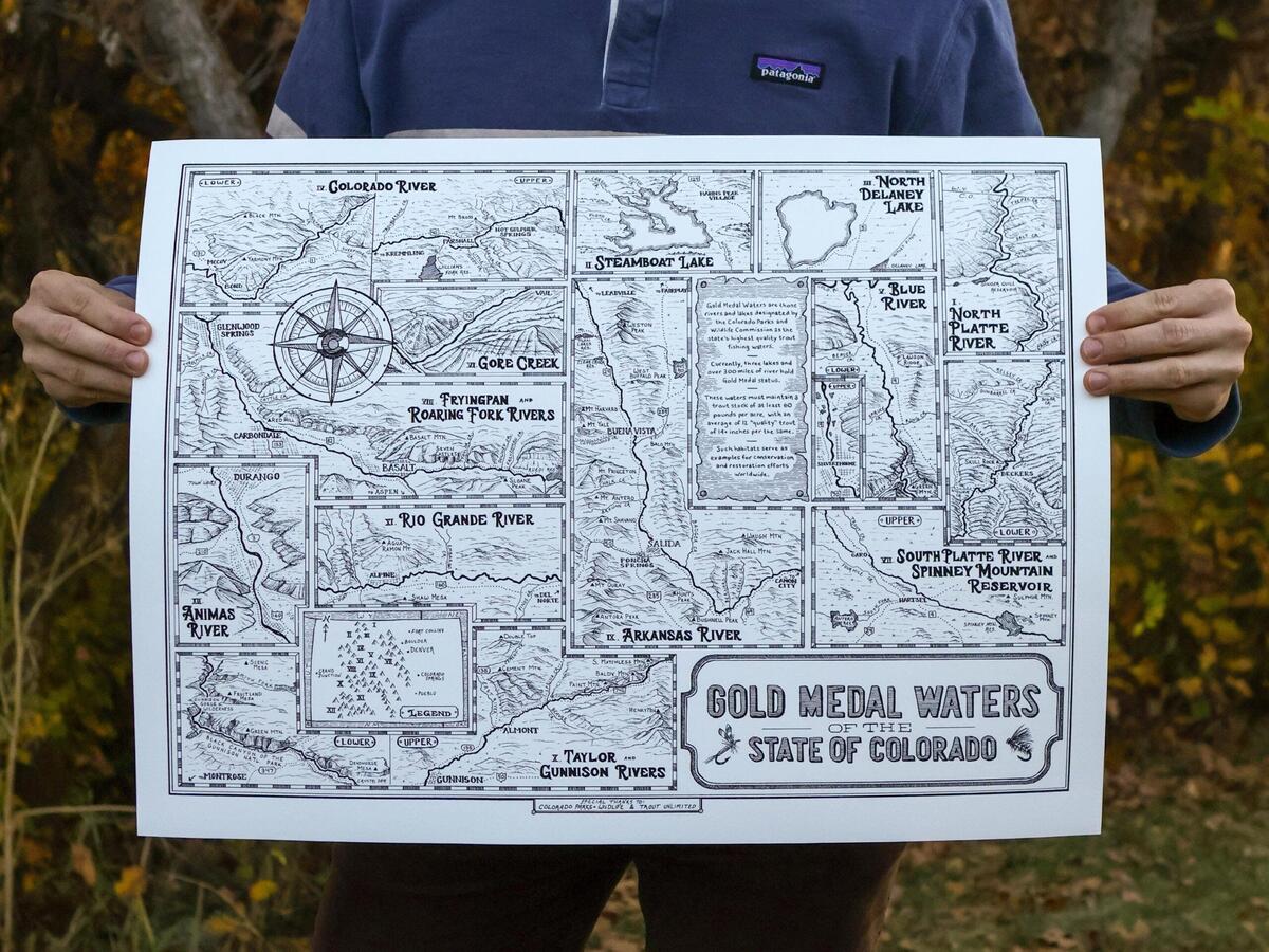 Hand Drawn Colorado Gold Medal Waters Fly Fishing Map High Quality Gicl E Art Print 24 X 18 Etsy