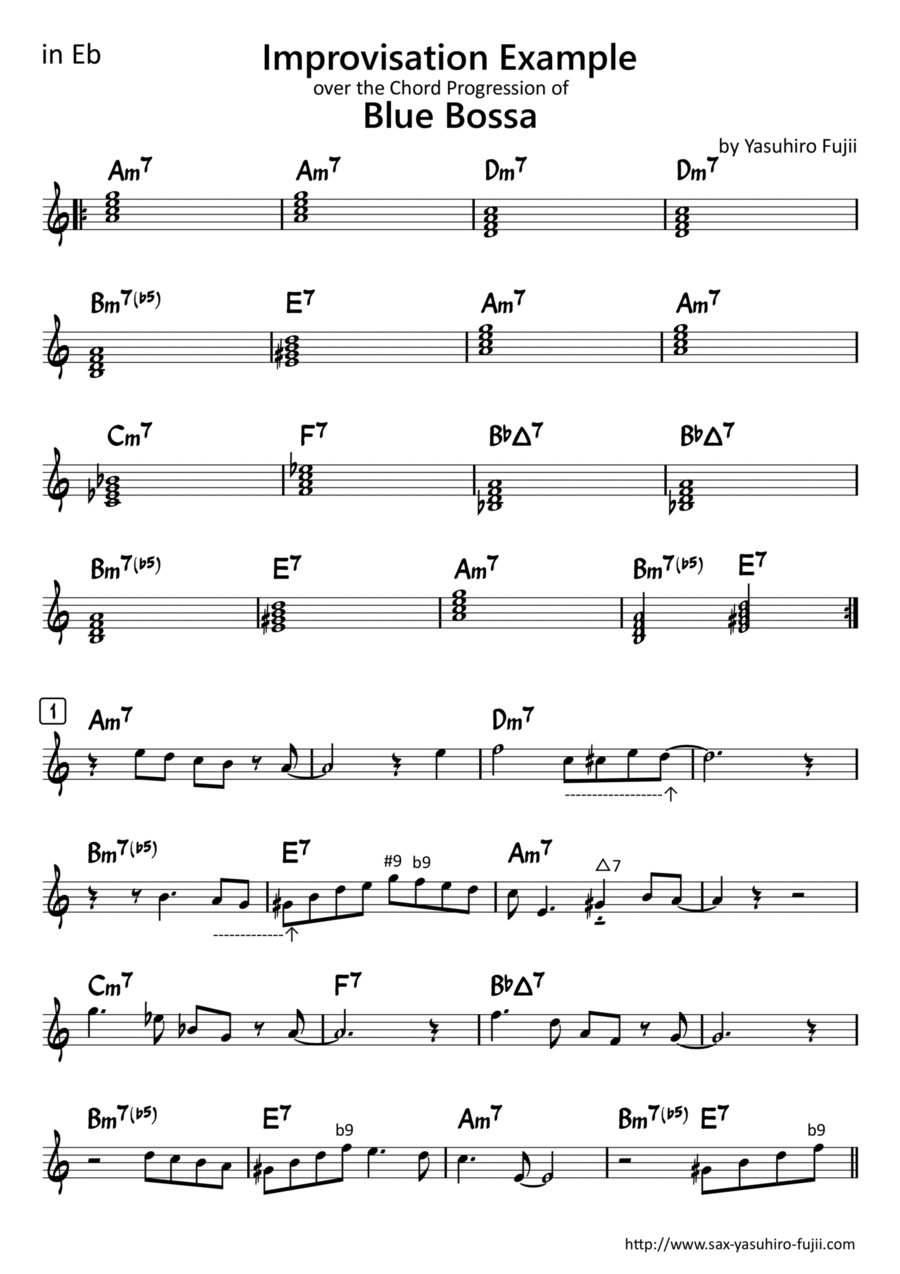 Improvisation Example Over The Chord Progression Of Blue Bossa Ex1 Ex2 For Alto Saxophone By Yasuhiro Fujii Sheet Music For Alto Sax Solo At Sheet Music Direct
