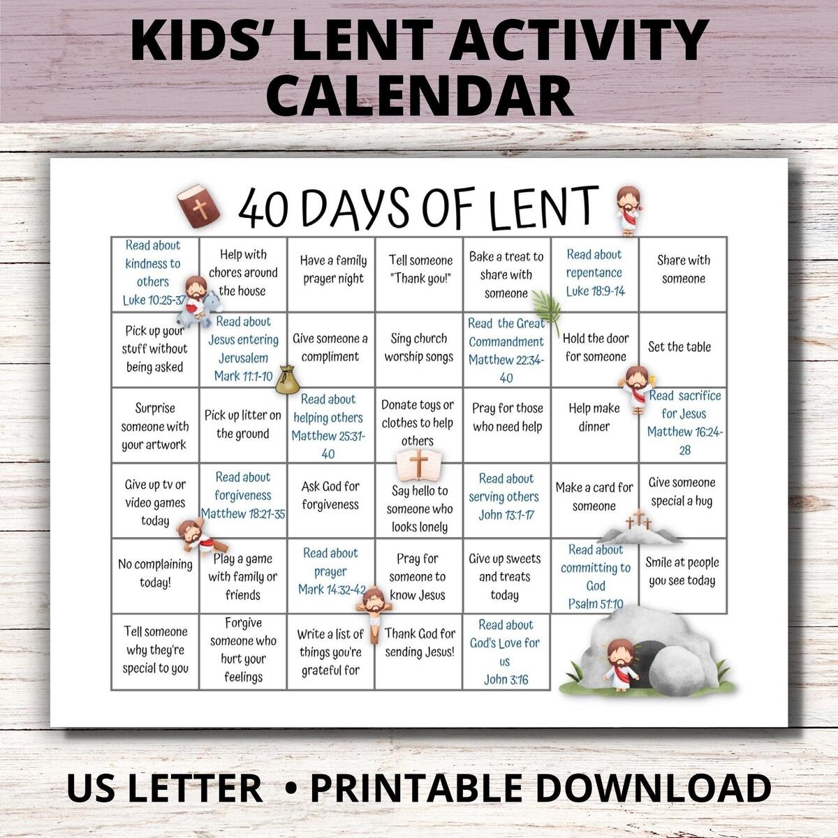 Kids 40 Days Lenten Calendar 2025 Lent Activity Calendar For Kids Ash Wednesday Bible Study Catholic Lent Family Activities Etsy Canada