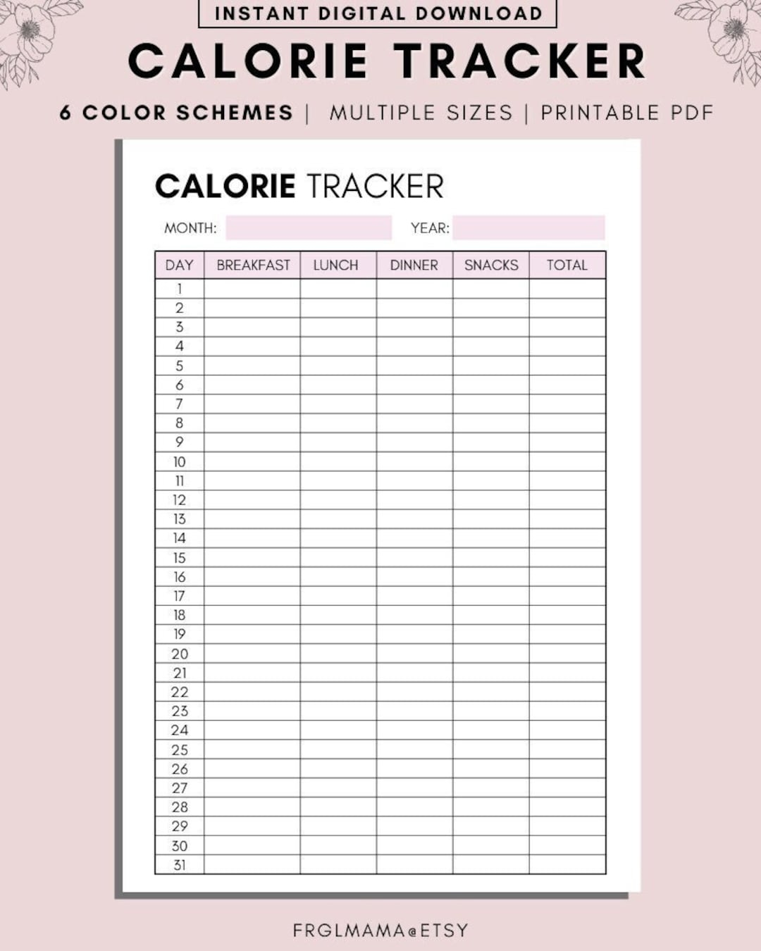 Calorie Intake Tracker Printable PDF Etsy