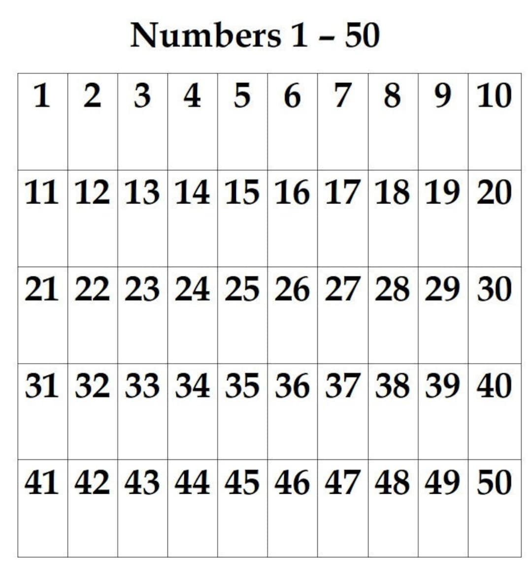 Numbers 1 50 Chart Numbers And Counting Instant Download Etsy Number Chart To 50