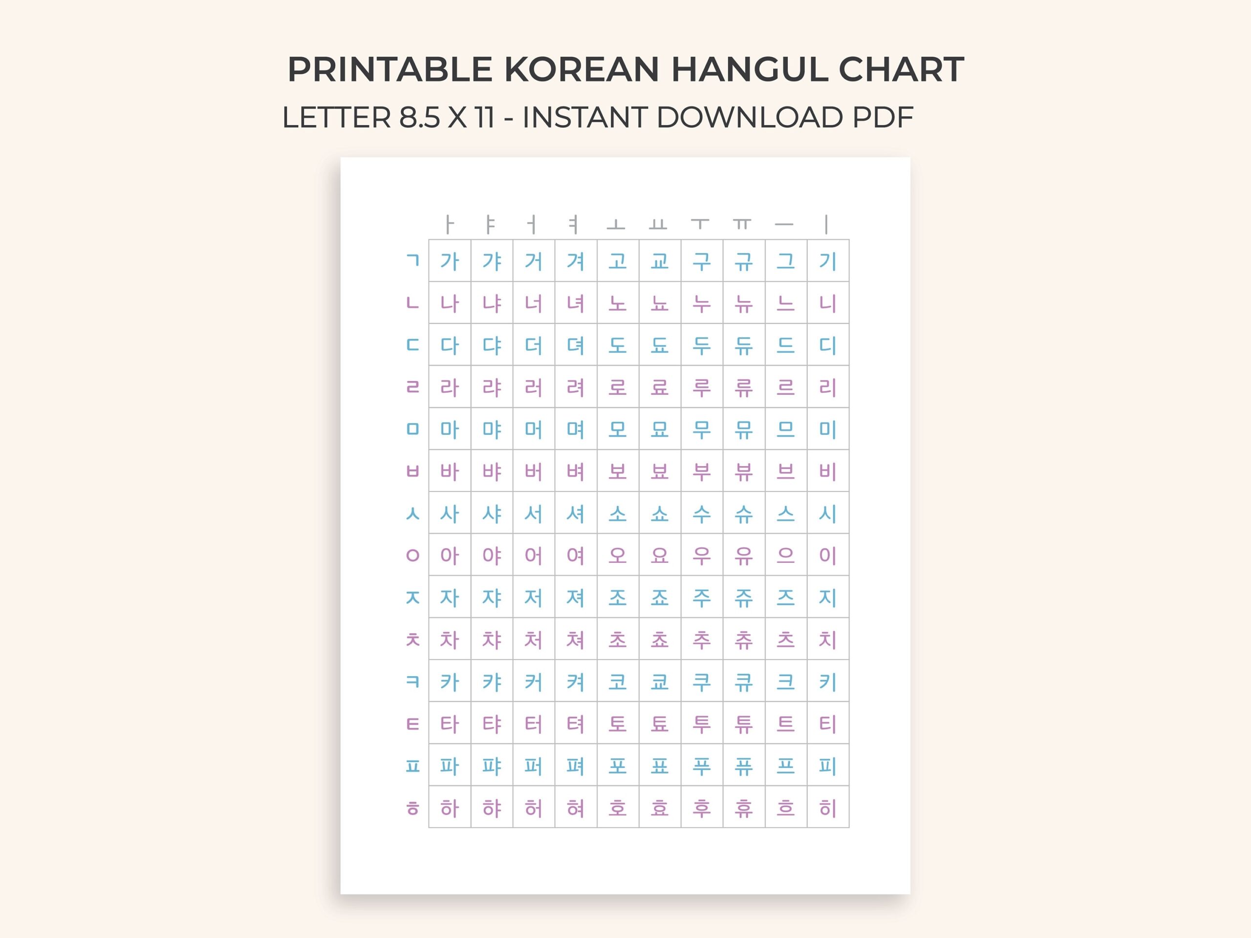 Printable Hangul Korean Alphabet Chart Poster Guide Grid Letters Studying School Combinations Color Instant Download PDF Reference Language Etsy