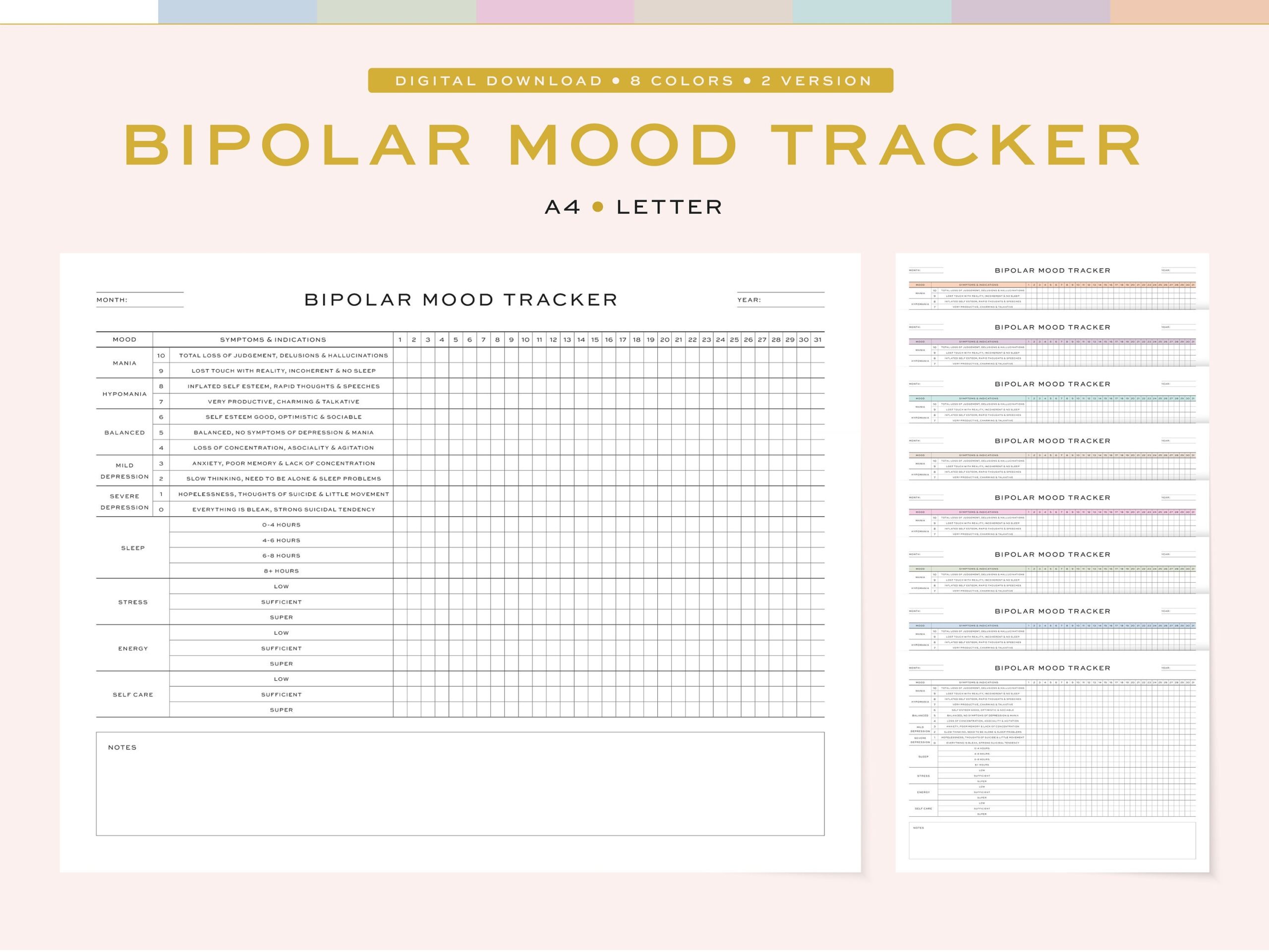 Printable Monthly Bipolar Mood Tracker A4 US Letter digital Download Etsy Israel