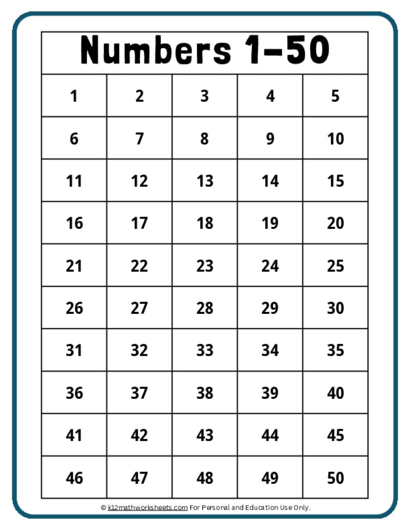 Number Chart To 50