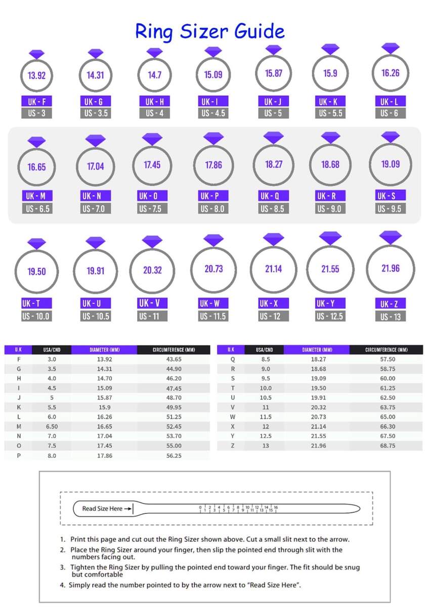 Printable Ring Size Chart US UK Sizes Instant Download Etsy
