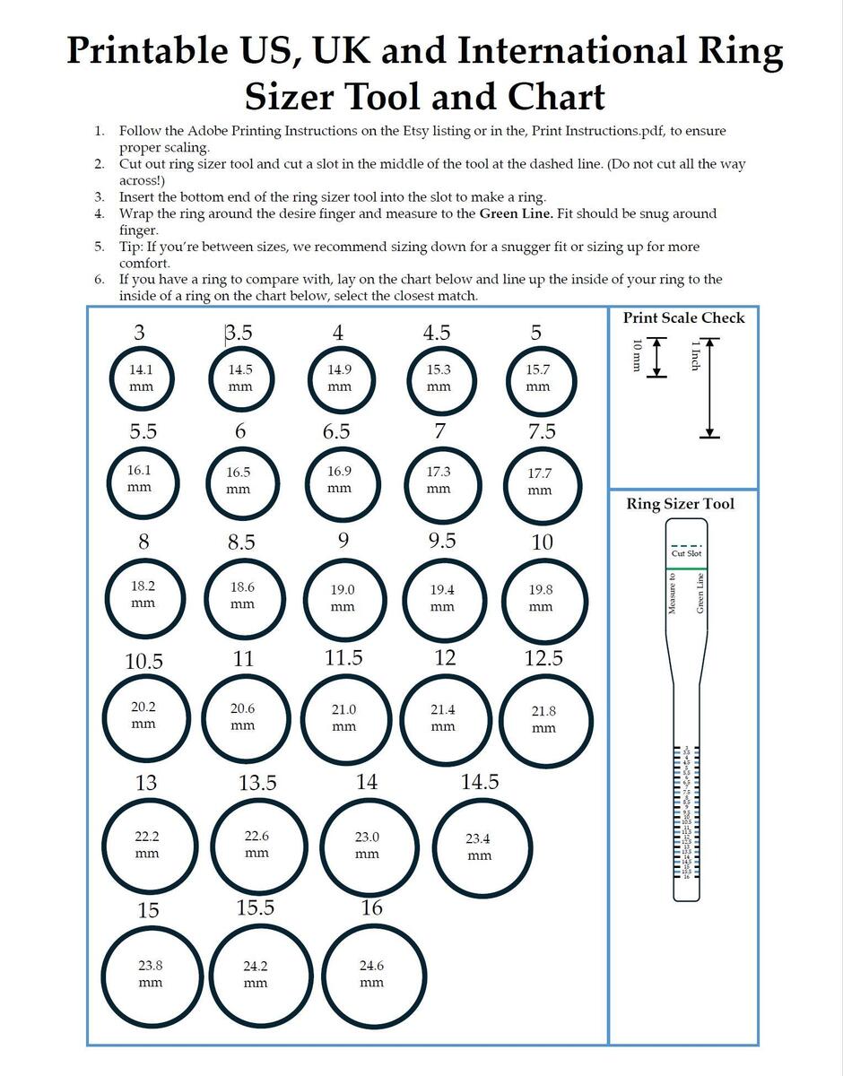 Printable Ring Sizer Ring Size Inches Printable Measuring Tool International Ring Size Chart Measure Ring Size Instant Download Etsy Israel