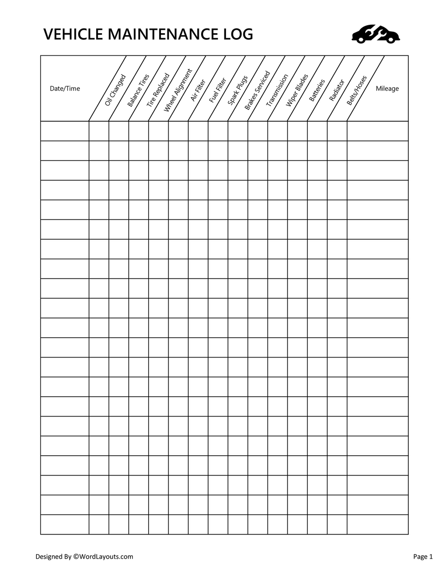 Printable Vehicle Maintenance Log Template PDF