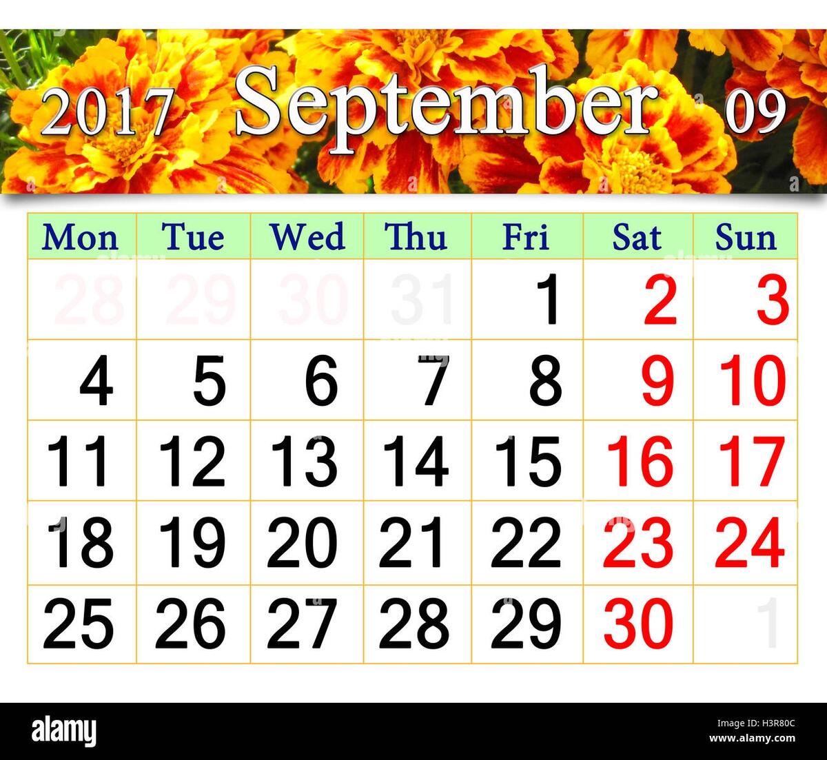 September 2017 Calendar Week Starts On Sunday Stock Vector Images Alamy