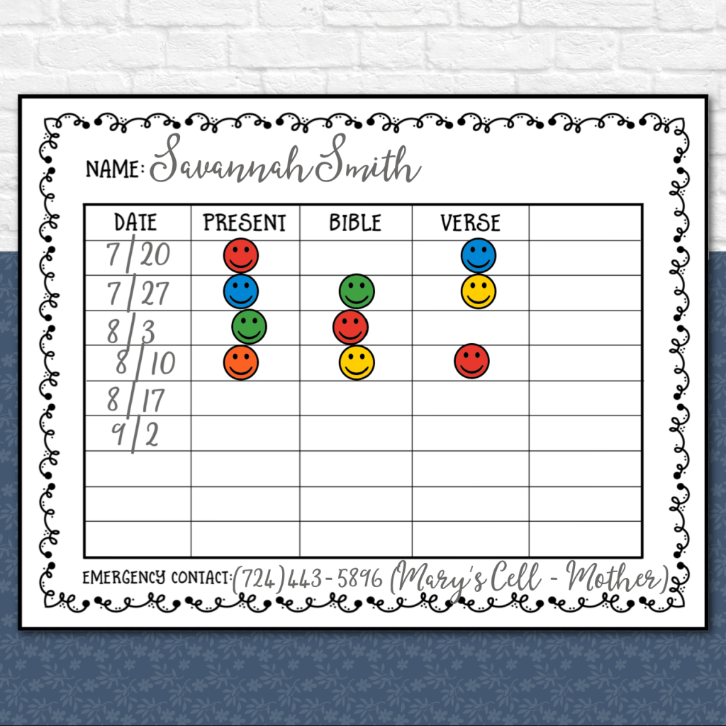 Sunday School Attendance Cards Kids Bible Teacher